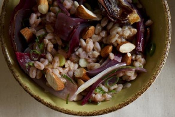 Roast red onion and spelt salad.