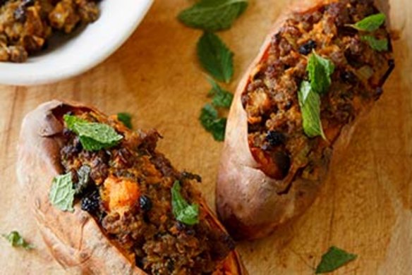 Sweet potato stuffed with spiced lamb.