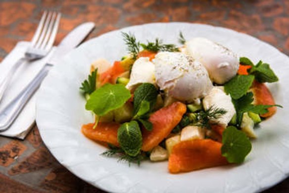 Citrus-cured salmon, potato and pea salad.