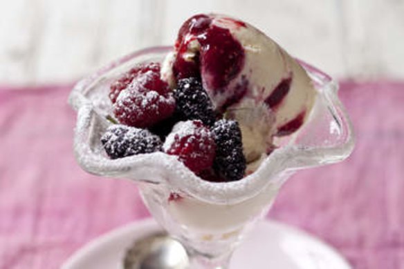 Vanilla boysenberry ripple. Karen Martini ICE CREAM recipes for Epicure and Good Food. Photographed by Marina Oliphant. Styling by Caroline Velik. PLEASE DO NOT CROP OUT FOREGROUND OF DISH OR IMAGE. The Age Newspaper and The Sydney Morning Herald.