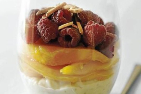Mangoes and raspberries with vanilla rice