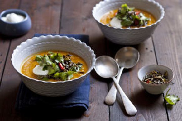 Roasted root vegetable soup with cinnamon and ginger.