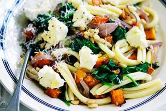 Strozzapretti pasta with pumpkin, pine nuts and feta