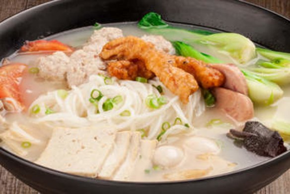 Tina's combination chicken stock soup with pork meatballs and tofu.