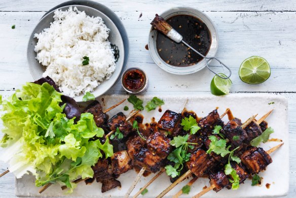 Jill Dupleix's spicy sambal pork belly skewers.