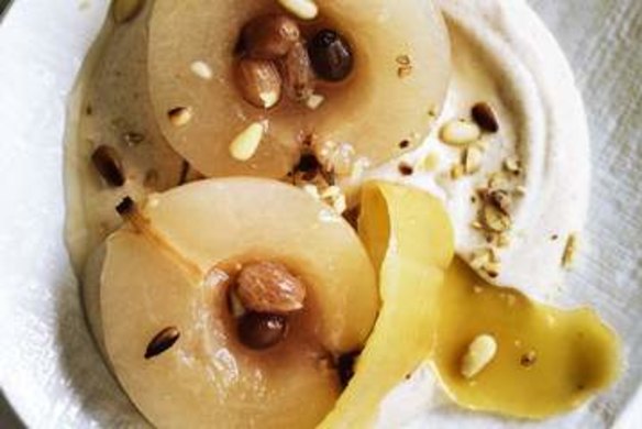 Adam Liaw's honey-poached nashi pears with cinnamon Chantilly.