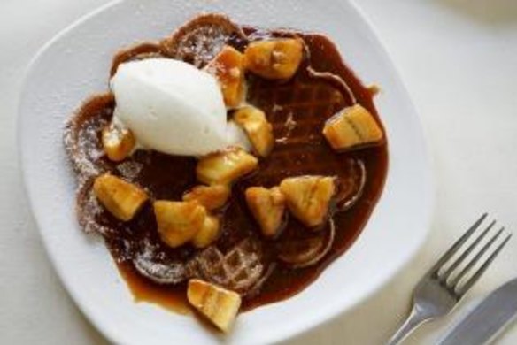 Dangerously good: Chocolate waffles with caramel bananas and cinnamon cream.