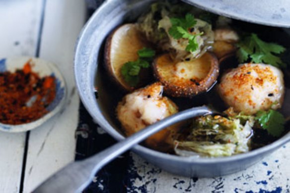 Neil Perry's King prawn ball and shiitake mushroom hotpot.