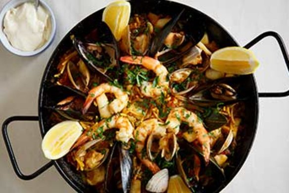Fideua, a braised pasta and seafood dish.