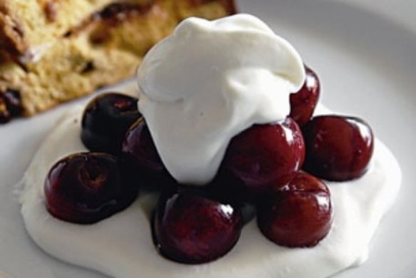 Poached cherries with toasted panettone and mascarpone cream