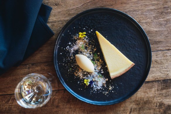 Lemon and buttermilk tart with cornmeal crust and lemon sorbet.