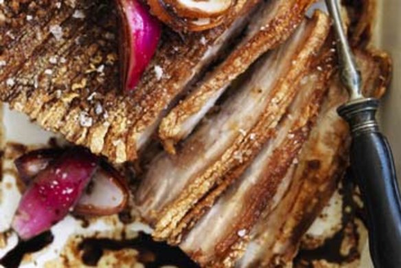 Roast pork belly with balsamic onion.