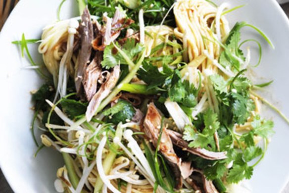 Egg noodle salad with barbecue duck