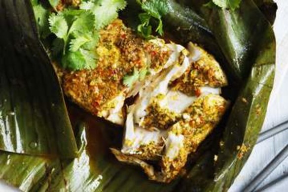 Lemongrass and herb marinated blue eye in banana leaf.