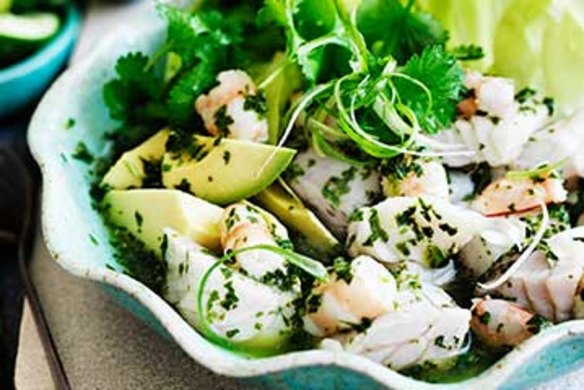 Ceviche salad with avocado and chilli.