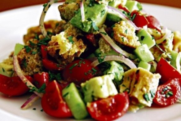 Avocado, tomato, cucumber and bread salad