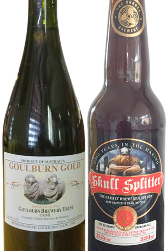 Goulburn Gold 750ml and Orkney Brewery Skull Splitter 330ml.