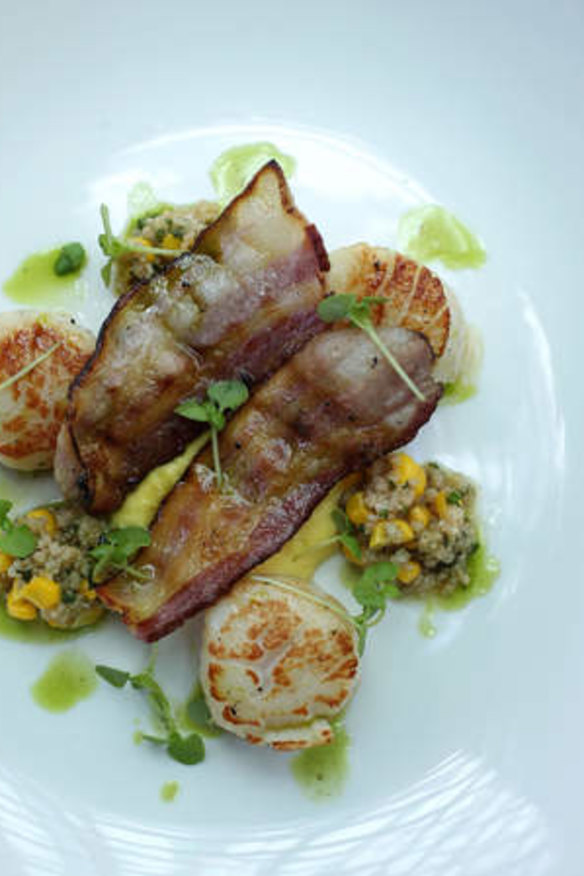 Grilled scallops, Skara bacon, corn puree, faro and basil salsa.