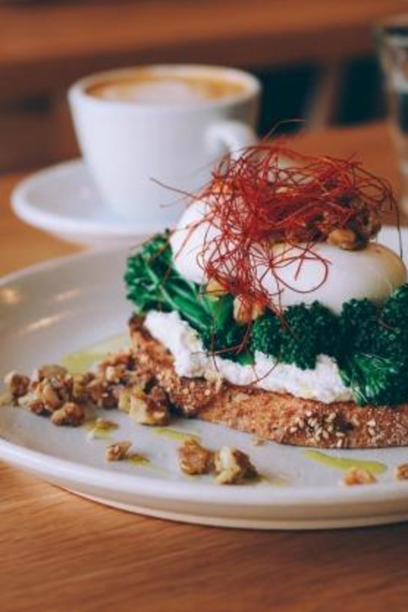 Poached eggs, broccolini, goat's curd and chilli 'hair' on toast.