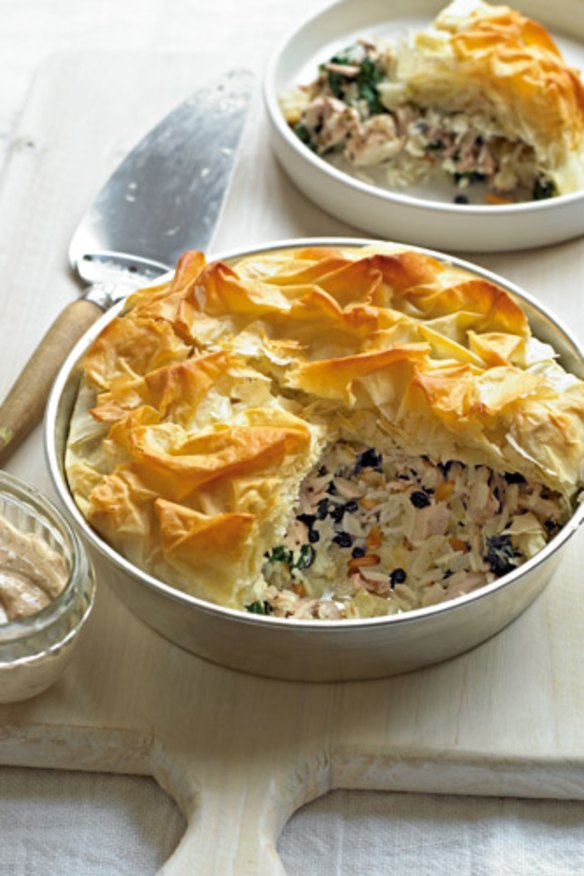 Tahini sauce lifts this Greek=style chicken pie.