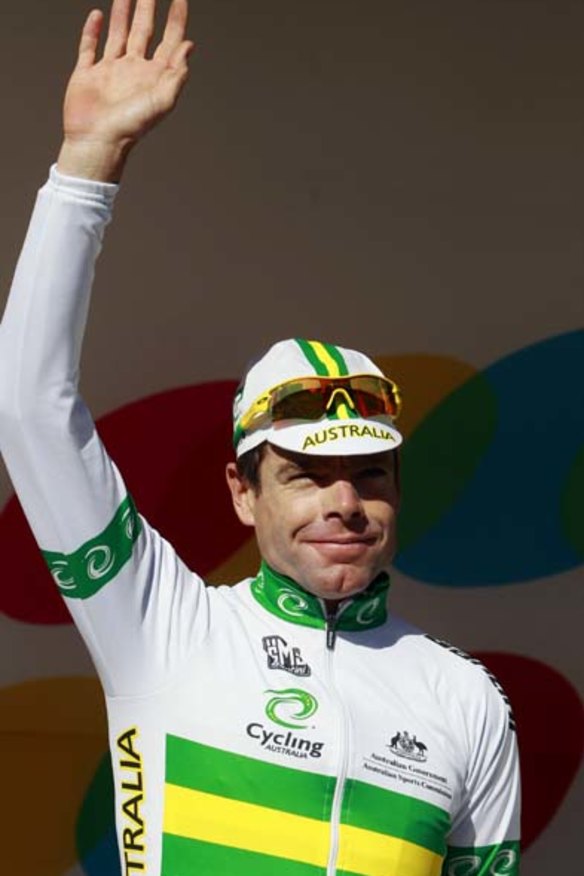 Cadel Evans is introduced at the start of the elite men's road race.