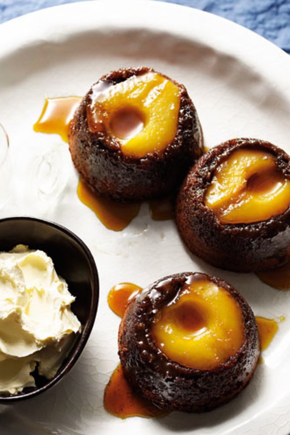 Mini choc-pear puddings.