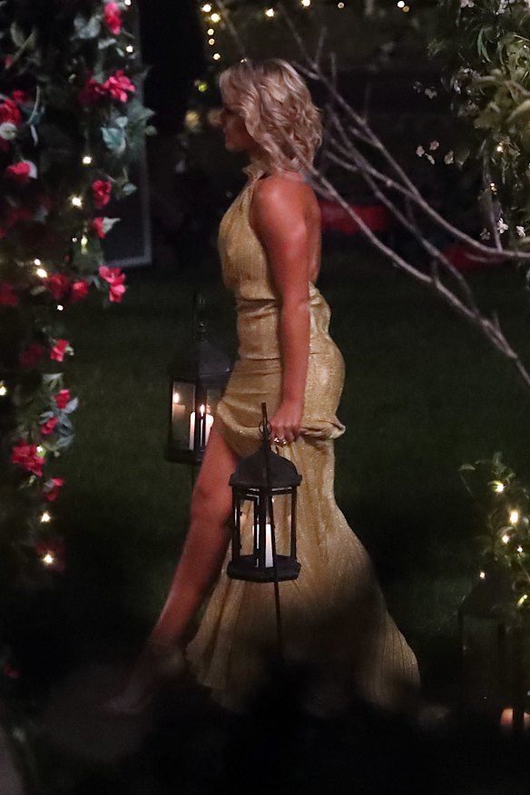 Alisha Aitken-Radburn during filming of the first cocktail party at The Bachelor mansion.