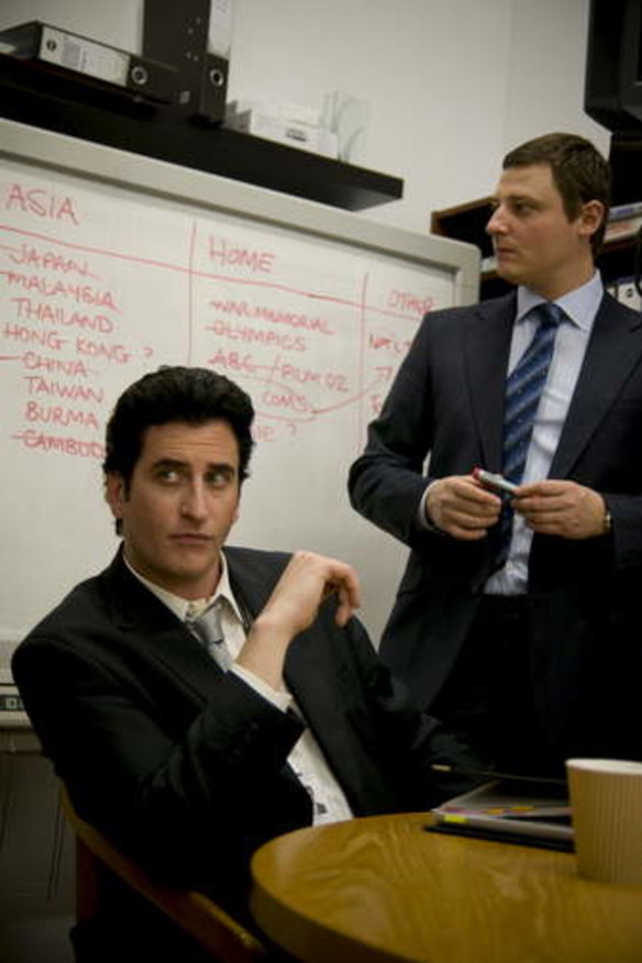 Lachy Hulme and Merrick Watts cook up policies in politics satire <i> The Hollowmen</i>.