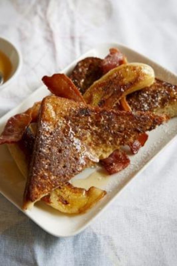 Sweet delight: French toast with bananas and crispy bacon.