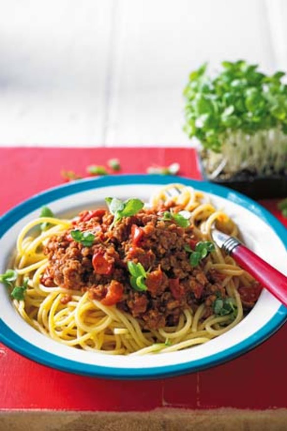 A Spoon family staple ... spaghetti bolognese that swaps the meat for TVP.