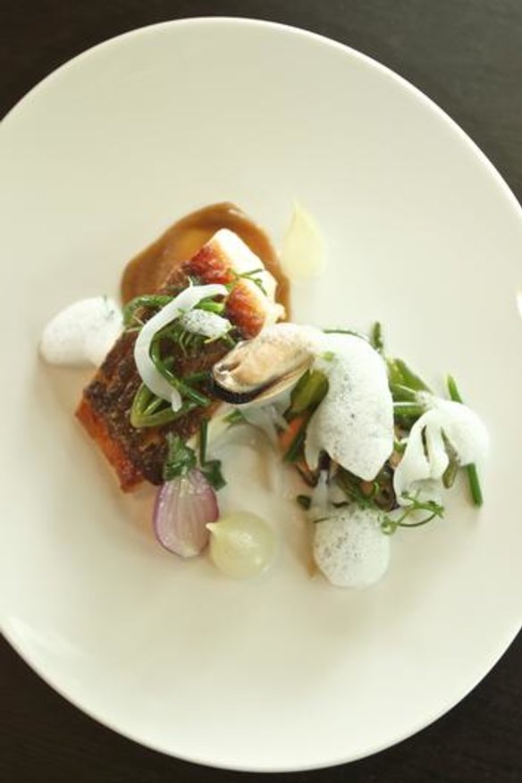 Bay snapper, onion, sea vegetables from Gladioli restaurant Inverleigh.