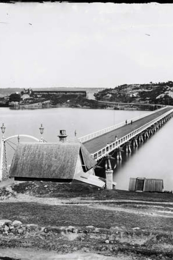 Early days: The Glebe Island Bridge crossing Blackwattle Bay to undeveloped Pyrmont, 1870-1875.