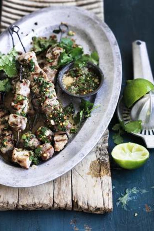 Sticky pork skewers with spiced lime dipping sauce.