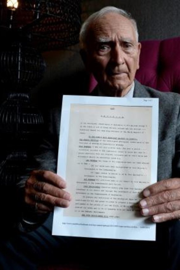 Alf "Uncle Boydie" Turner with a copy of the petition by William Cooper.