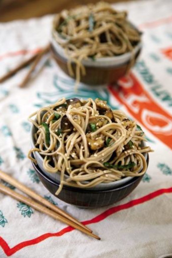 Grilled eggplant with soba noodles.