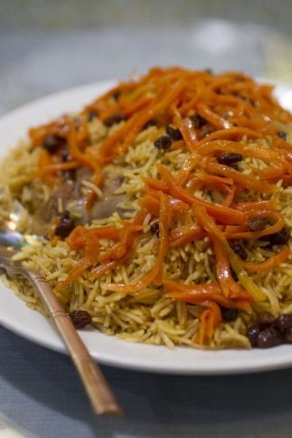 Pulaw saffron rice with slow-cooked lamb, sultanas and carrots at Kabul House.