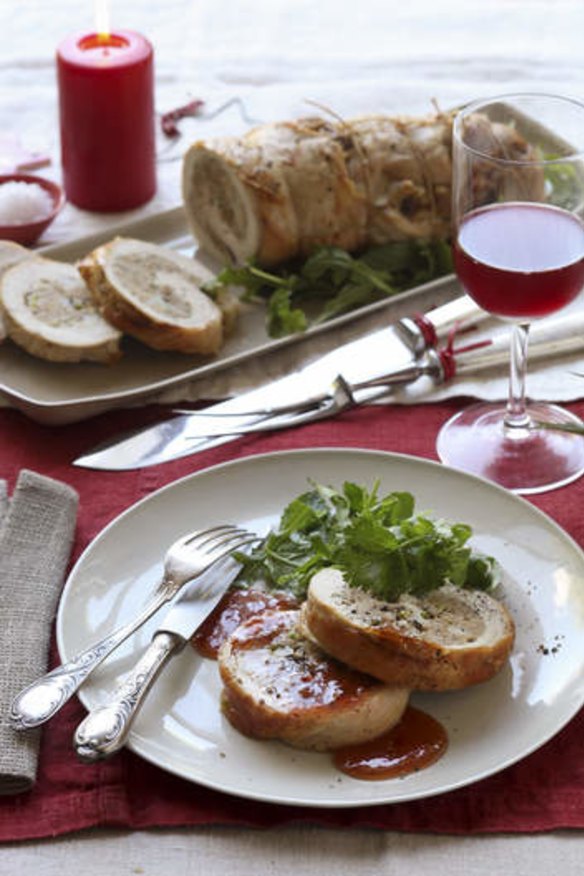 Roast turkey roll with Chinese pork and prawn stuffing.