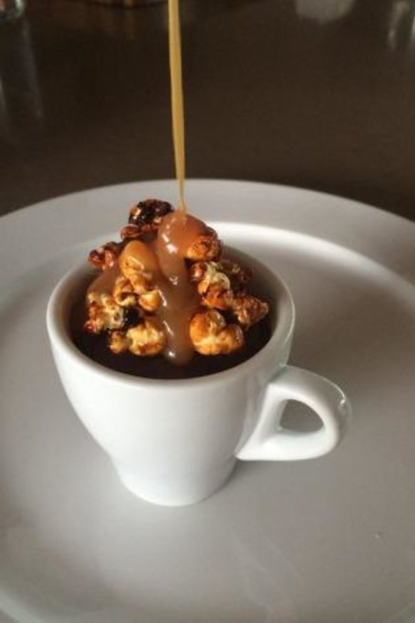 Sticky date and salted caramel popcorn pudding with caramel and coffee sauce