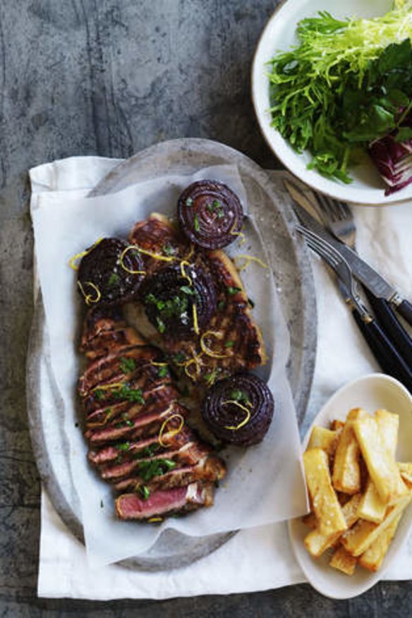 Neil Perry's barbecued beef sirloin with onion, parsley and lemon salad.