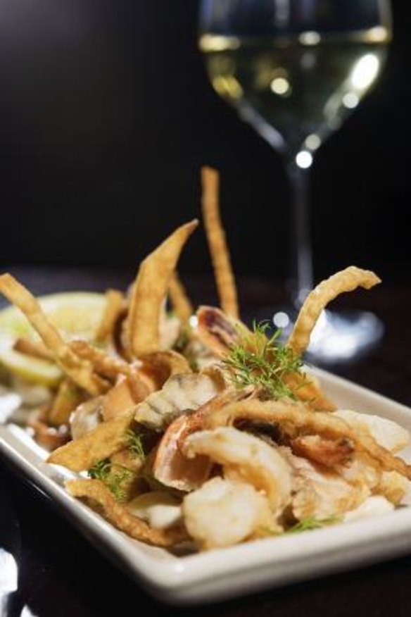 Fritto misto of squid, prawn, barramundi and salmon.