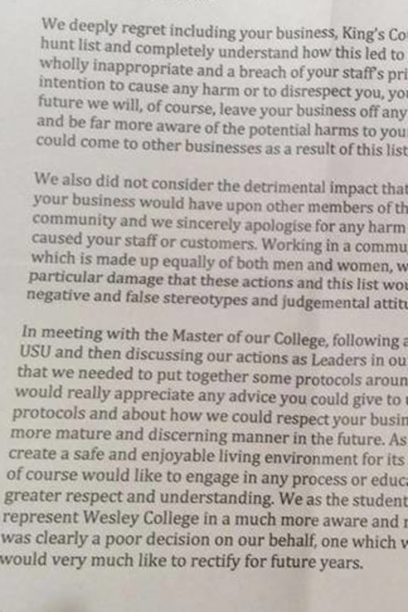 An extract from the letter of apology by Wesley College students to Kings Court Massage Parlour.