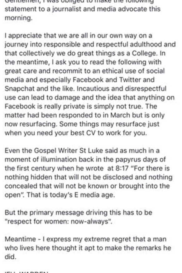 A post on the Facebook page of St Paul's College by the warden, Ivan Head.