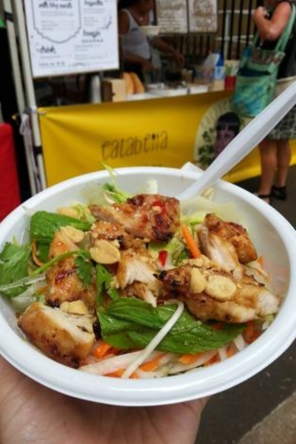 Eatabella serves up vermicelli salads topped with charcoal barbecued meats at the Glebe market.