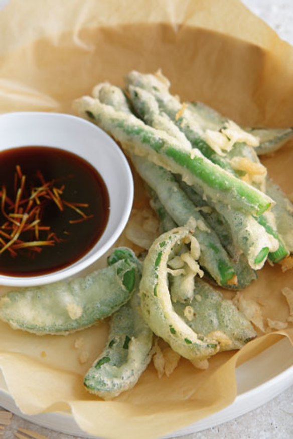 Asparagus and snowpea tempura.