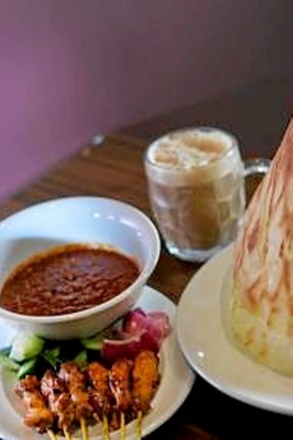 Roti Tisu with chicken satay and teh tarik from Mamak Malaysian restaurant.