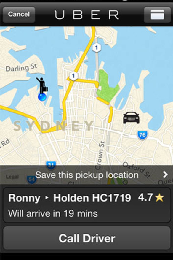 The Uber app showing "Ronny" around Rushcutters Bay.