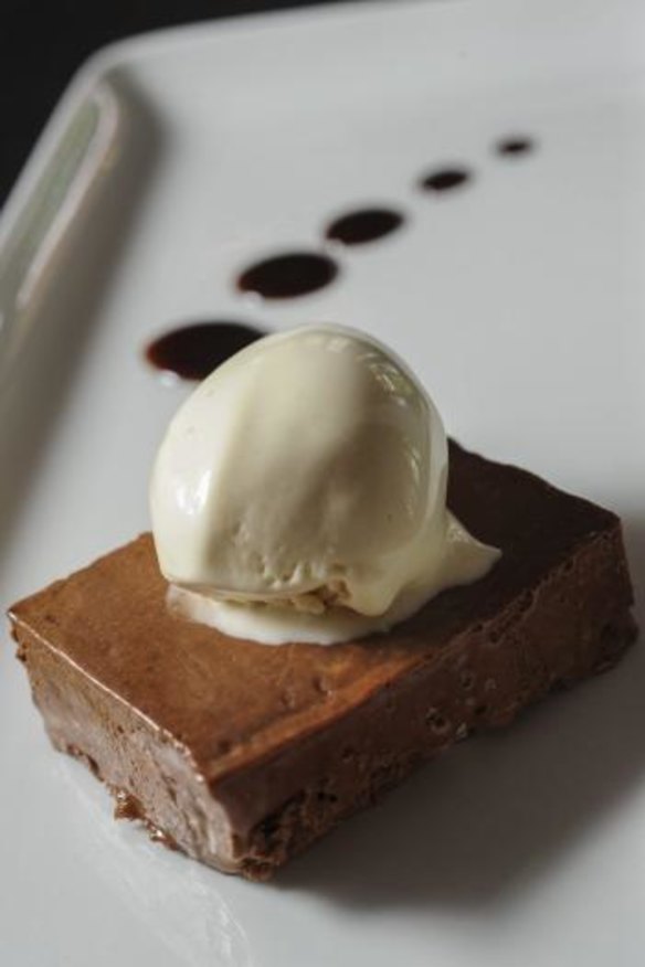 Valrhona chocolate pave with white coffee ice-cream and espresso syrup.