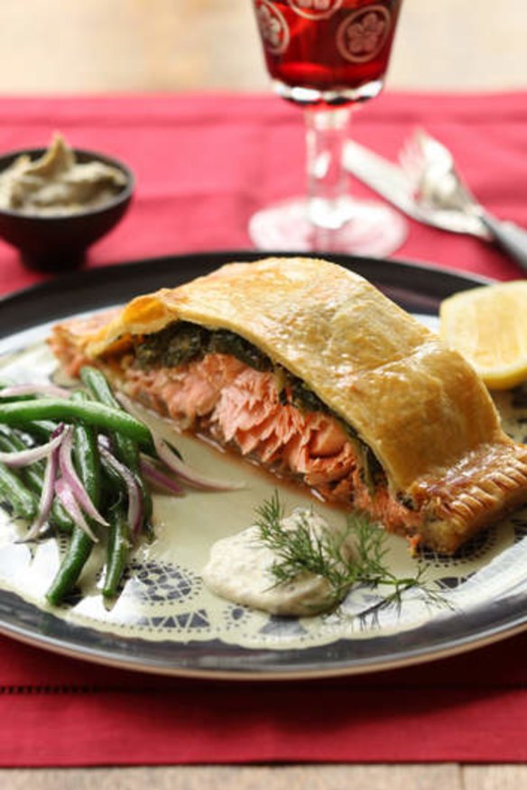 Salmon and spinach en croute with dill creme fraiche..