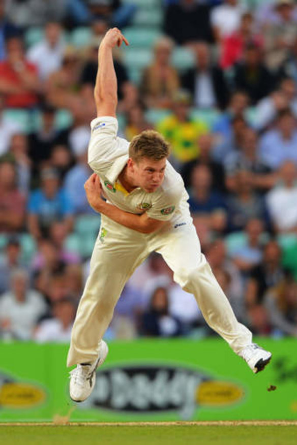Australia debutant James Faulkner bowls late on day two of the fifth Ashes Test against England at The Oval.