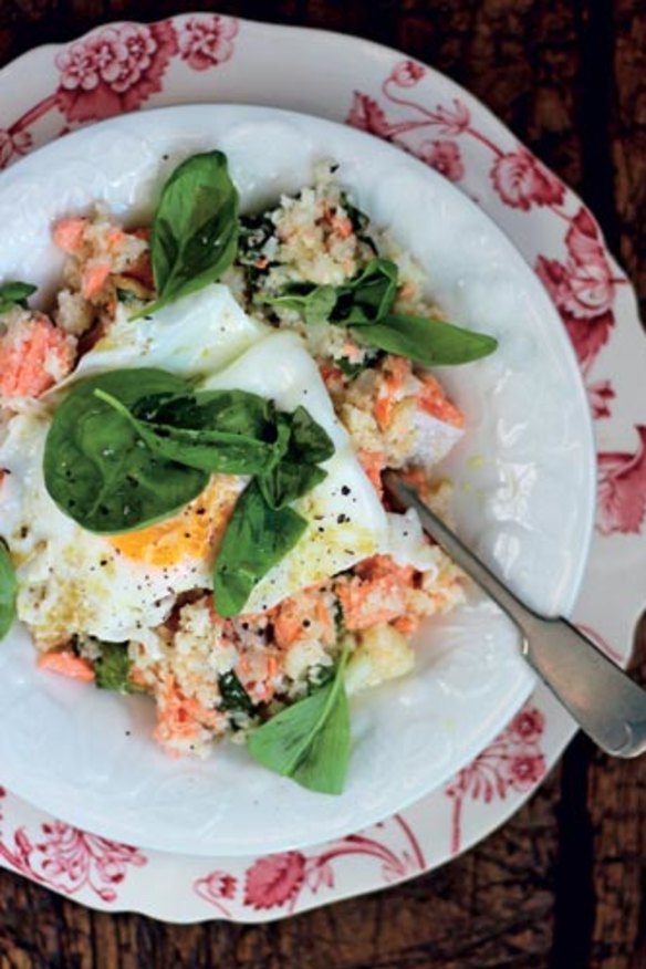 Cauliflower 'cous cous' tossed with salmon and fried egg.